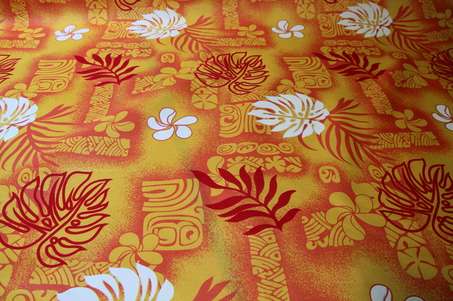 Island Style Polycotton - Red, Apricot & White on Gold
