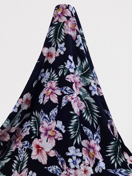 * SPECIAL * Hibiscus Flowers on Navy Crinkle Rayon