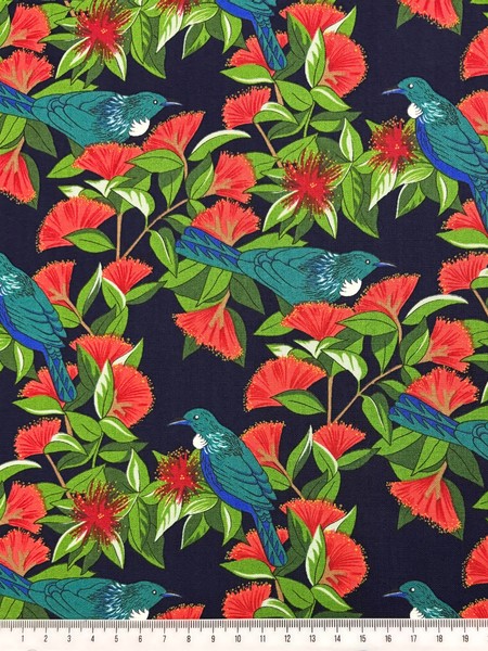 Tuis in Pohutukawa Kiwiana Cotton - Navy Background