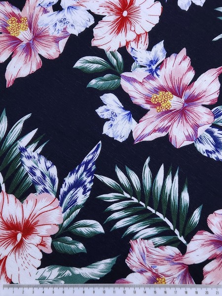 * SPECIAL * Hibiscus Flowers on Navy Crinkle Rayon