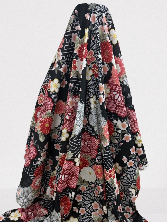 Floral Pinks on Black Japanese Printed Cotton