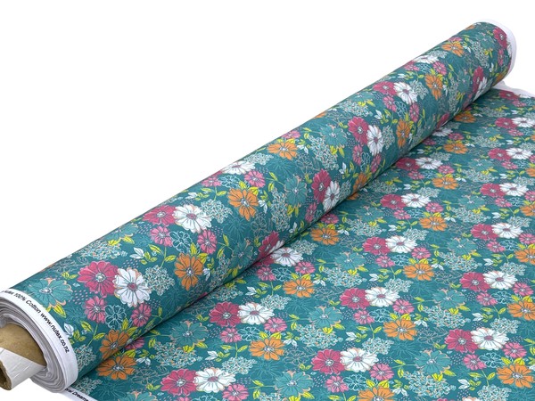 Teal Meadow Blossom Printed Cotton