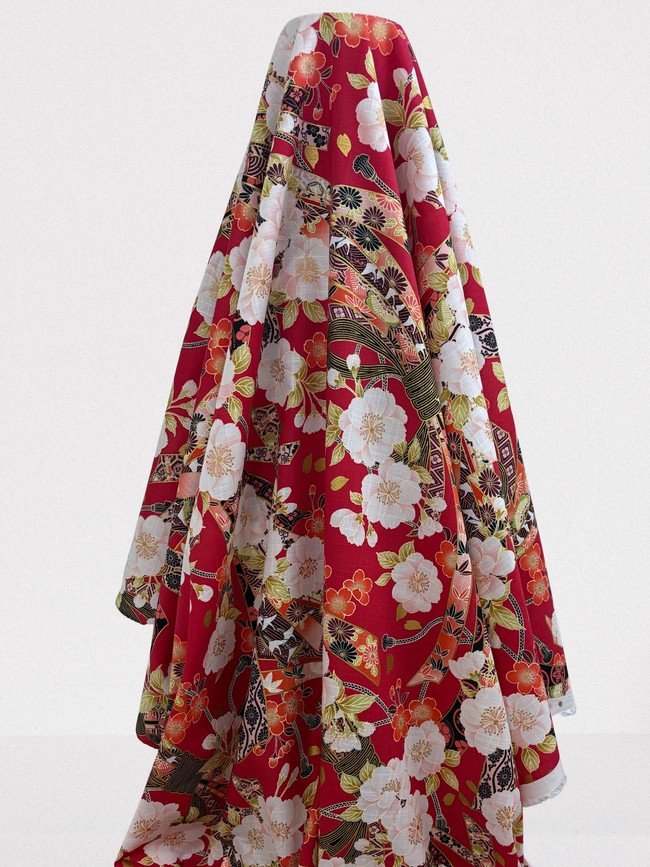 Floral on Red Japanese Printed Cotton