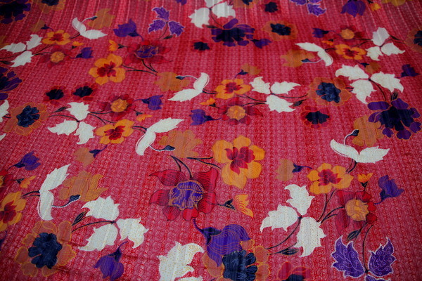 Red Textured Oriental Style Floral Sheer