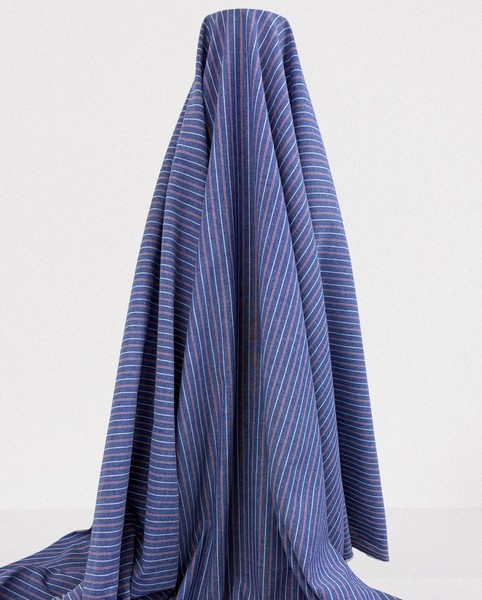 Red & White Pinstripes on Chambray Blue Linen Cotton Shirting