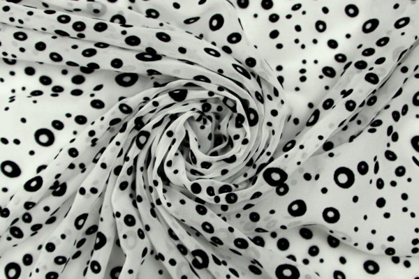 Black Flocked Circles on White Printed Polyester