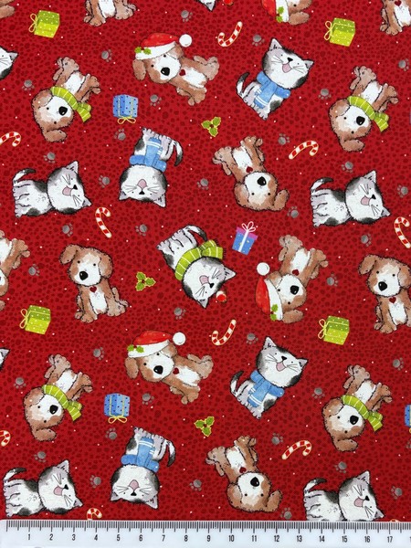 Christmas Pups & Kittens on Printed Cotton