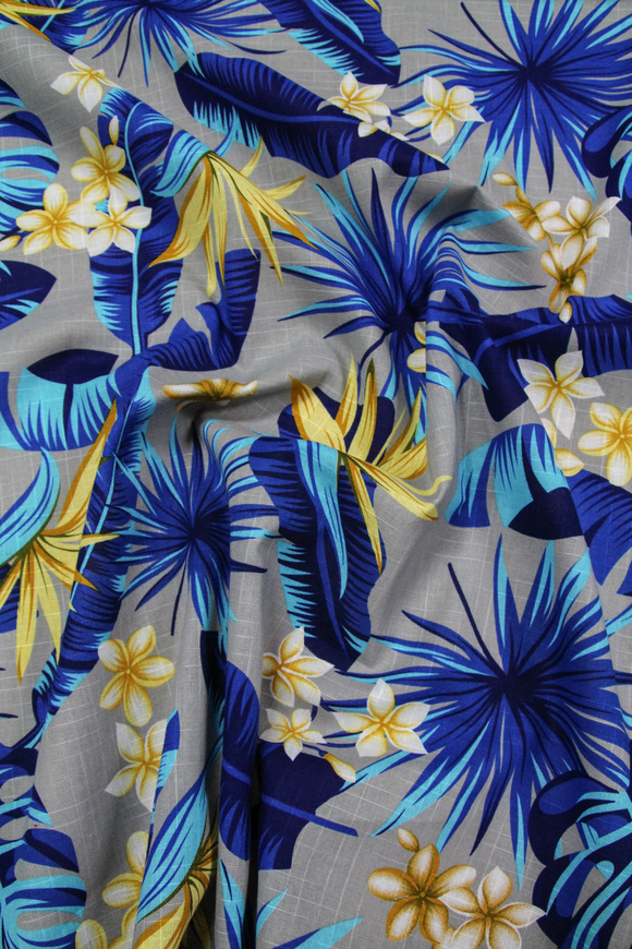 Frangipani & Blue Leaves on Grey Textured Printed Cotton