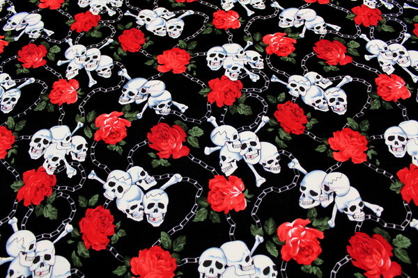 Goth Styled Skulls & Roses Printed Cotton - Large Skulls on Black
