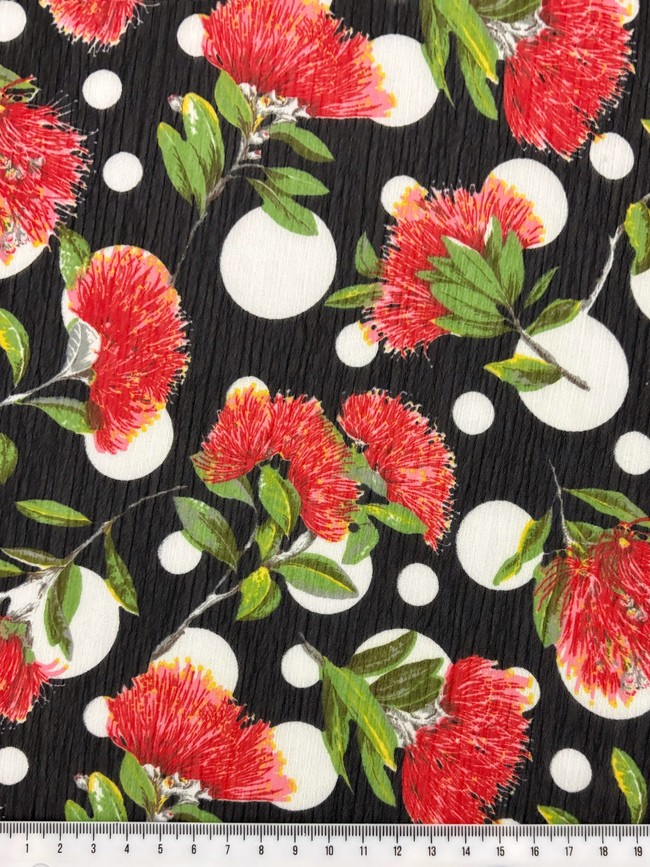 Spot the Pohutukawa On Black Crinkled Georgette