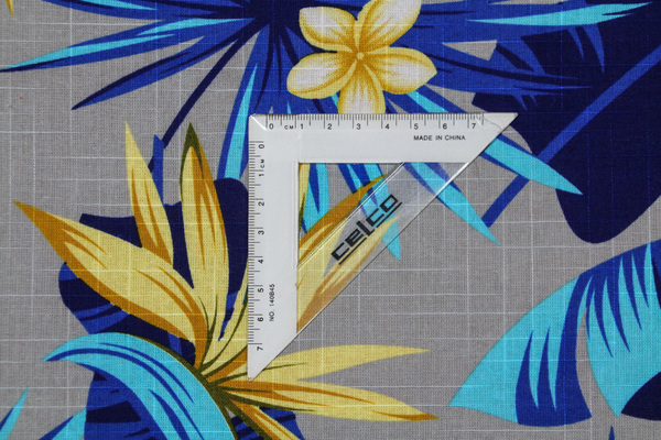 Frangipani & Blue Leaves on Grey Textured Printed Cotton
