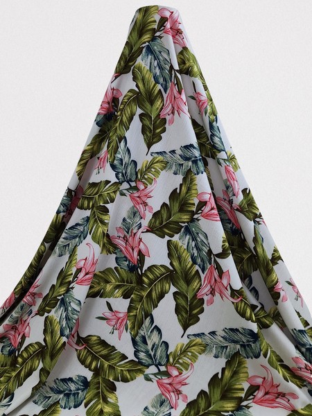 * SPECIAL * Lillies & Palms on Silver White Crinkle Rayon