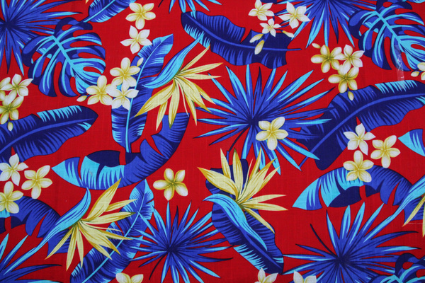 Frangipani & Blue Leaves on Red Textured Printed Cotton