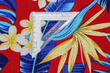 Frangipani & Blue Leaves on Red Textured Printed Cotton