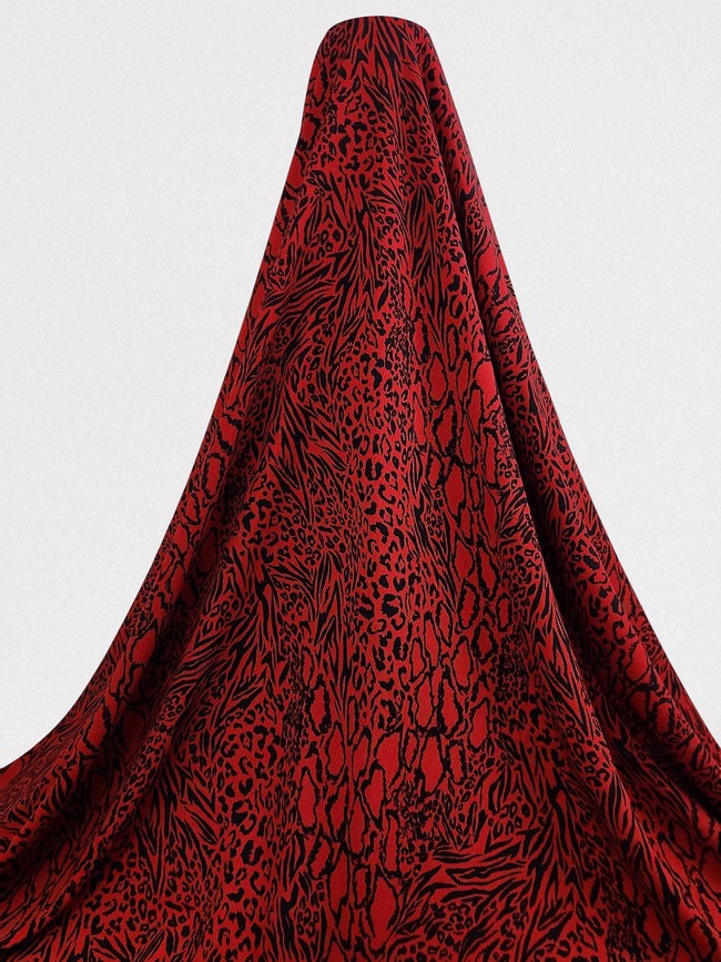 * SPECIAL * Black Animal Print on Red Crinkle Rayon
