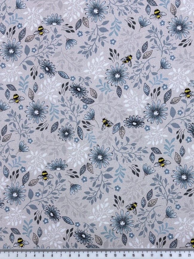Blue FLorals & Bees on Neutral Printed Cotton