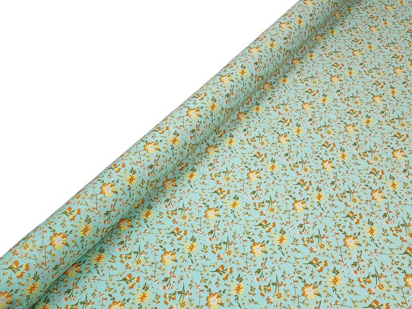 * SPECIAL * Mini Yellow & Orange Flowers on Mint Green Crinkle Rayon