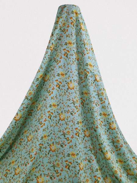 * SPECIAL * Mini Yellow & Orange Flowers on Mint Green Crinkle Rayon