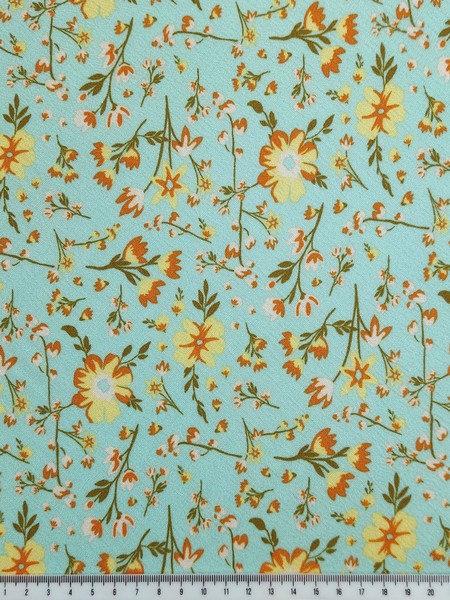 * SPECIAL * Mini Yellow & Orange Flowers on Mint Green Crinkle Rayon