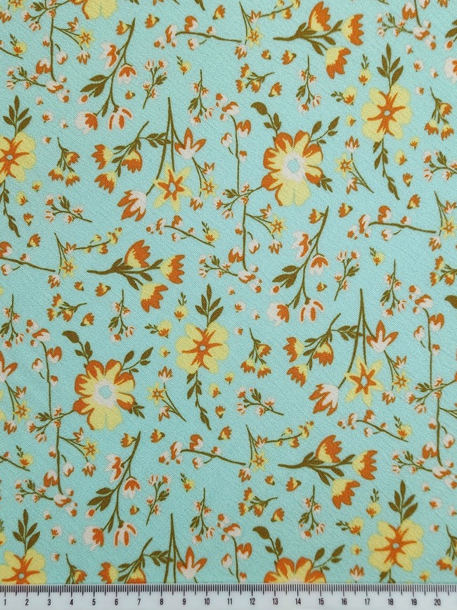 * SPECIAL * Mini Yellow & Orange Flowers on Mint Green Crinkle Rayon