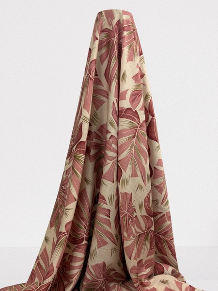 Rose Pink Palm Leaves on Ivory Printed Bamboo Cotton Blend