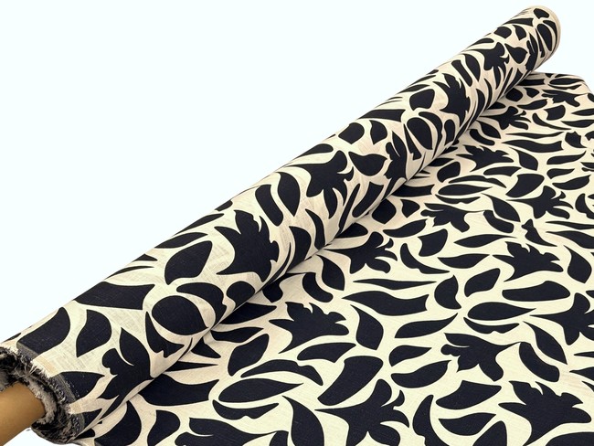 Navy Abstract Shapes on Soft White Linen Blend