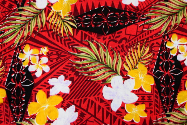 Frangipani Design On Red Island Style Polycotton