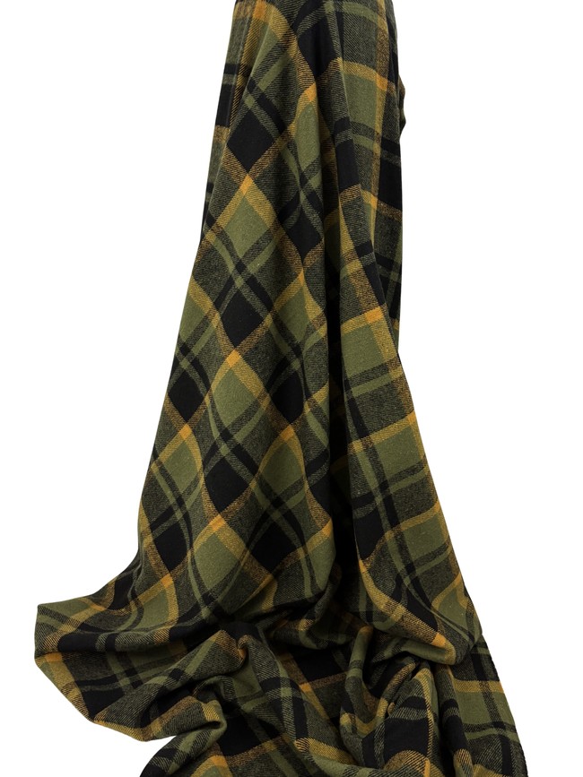 Olive, Black & Mustard Tartan Check Brushed Wool Blend