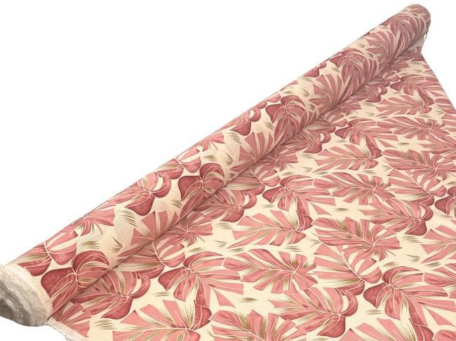 Rose Pink Palm Leaves on Ivory Printed Bamboo Cotton Blend