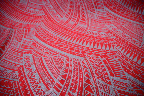 Island Style Metallic Print Polyester - Silver on Red