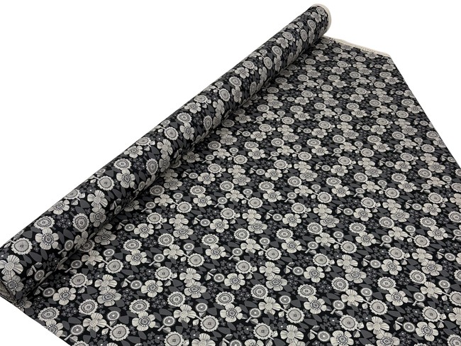 Grey Tones Japanese Blossoms on Black Premium Cotton