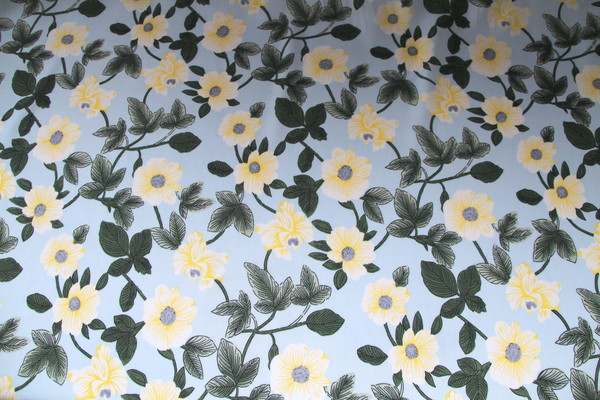 White & Yellow Flowers on Pale Blue Rayon