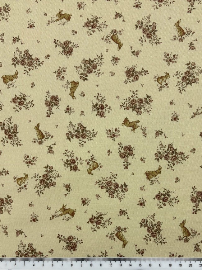 Floral & Bunnies on Buttermilk Printed Cotton