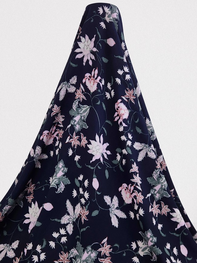 * SPECIAL * Pastel Nightshade Flowers on Navy Crinkle Rayon