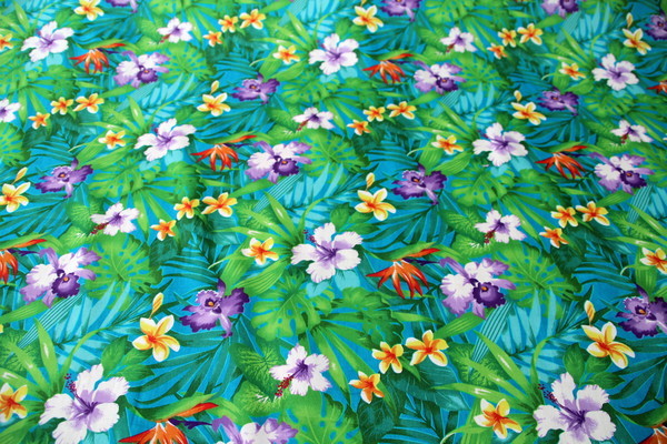 Tropical Prints Cotton - Vibrant Florals on Turquoise