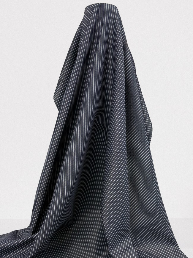 White Pinstripes on Navy Polished Linen Cotton Shirting