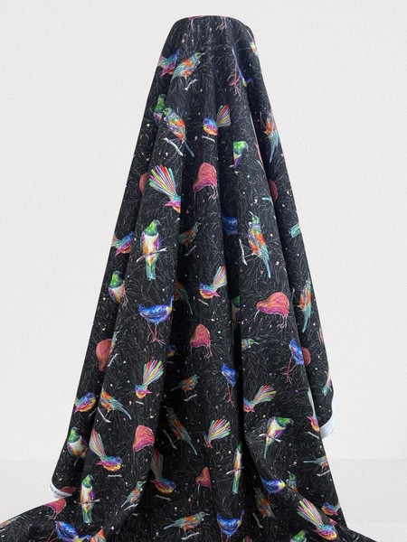 New Zealand Native Birds Kiwiana Black Printed Cotton