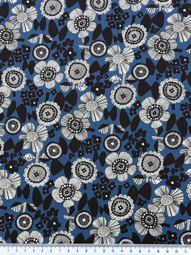 Black Tones Japanese Blossoms on Blue Mid-weight Premium Cotton