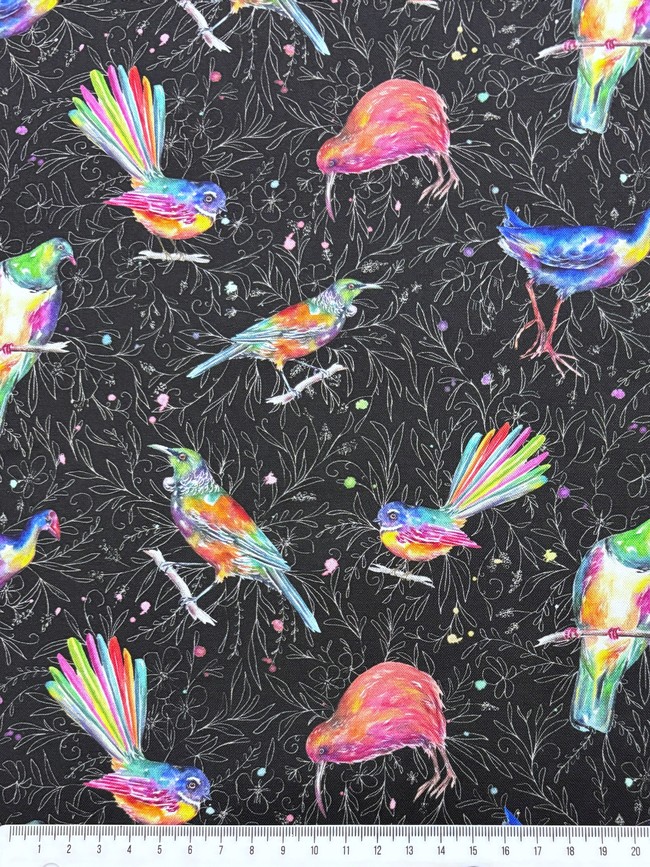 New Zealand Native Birds Kiwiana Black Printed Cotton