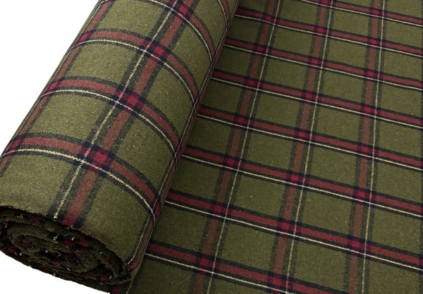 Army Green, Red, Black & Beige Tartan Check Brushed Wool Blend